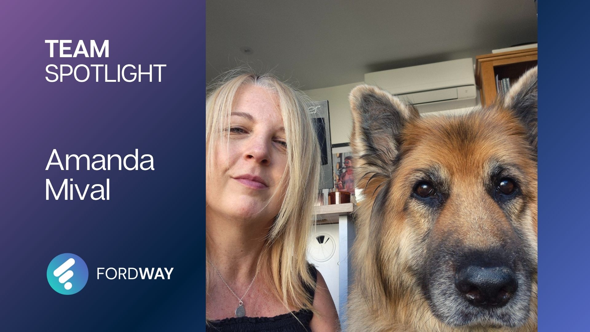 Amanda Mival with her dog looking at the camera