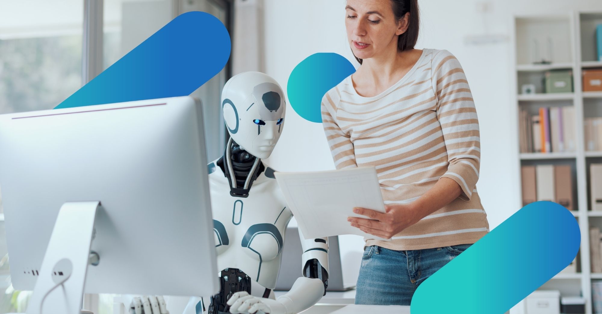 AI robot in front of a computer being given a task by someone